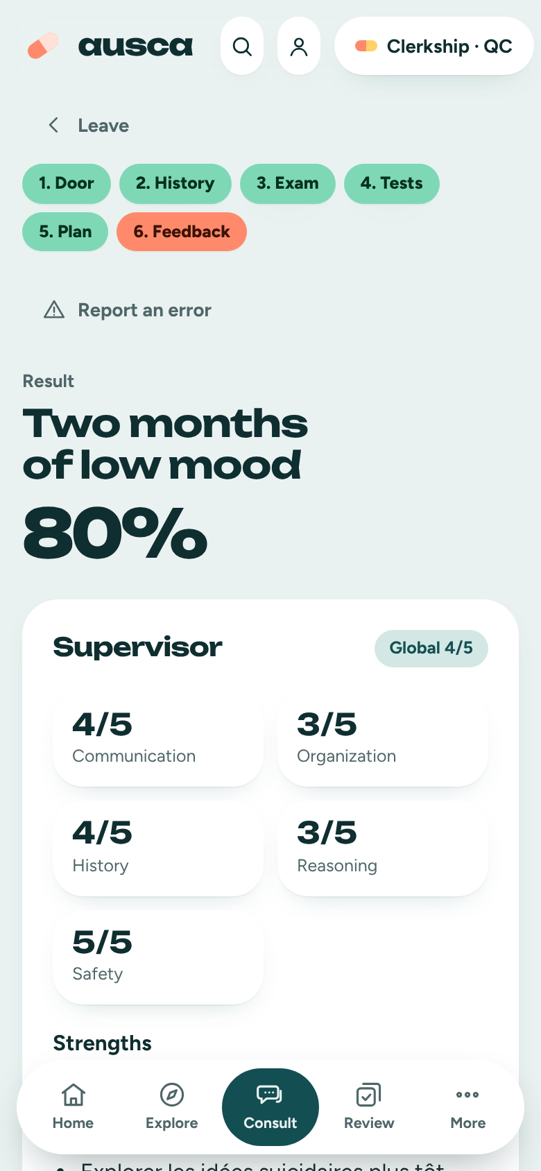 Feedback after an interview: overall score and a score out of five for communication, organization, history, reasoning and safety